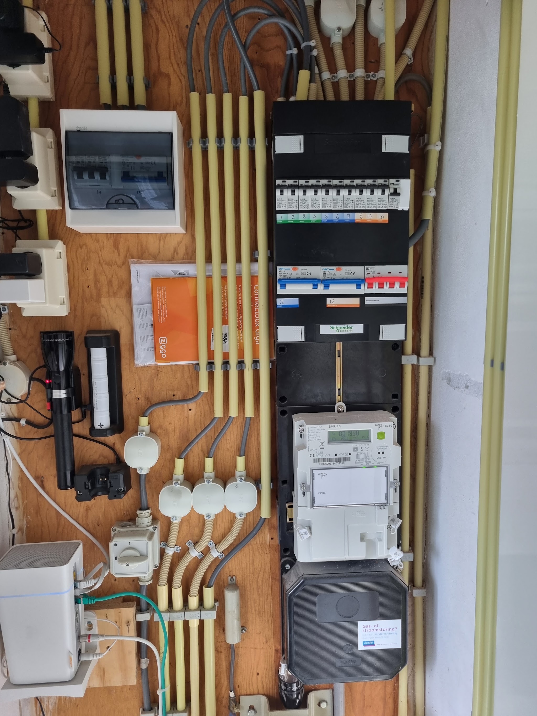 Nieuwe groepenkast en meterkast op een houten achterwand met strak gelegde leidingen